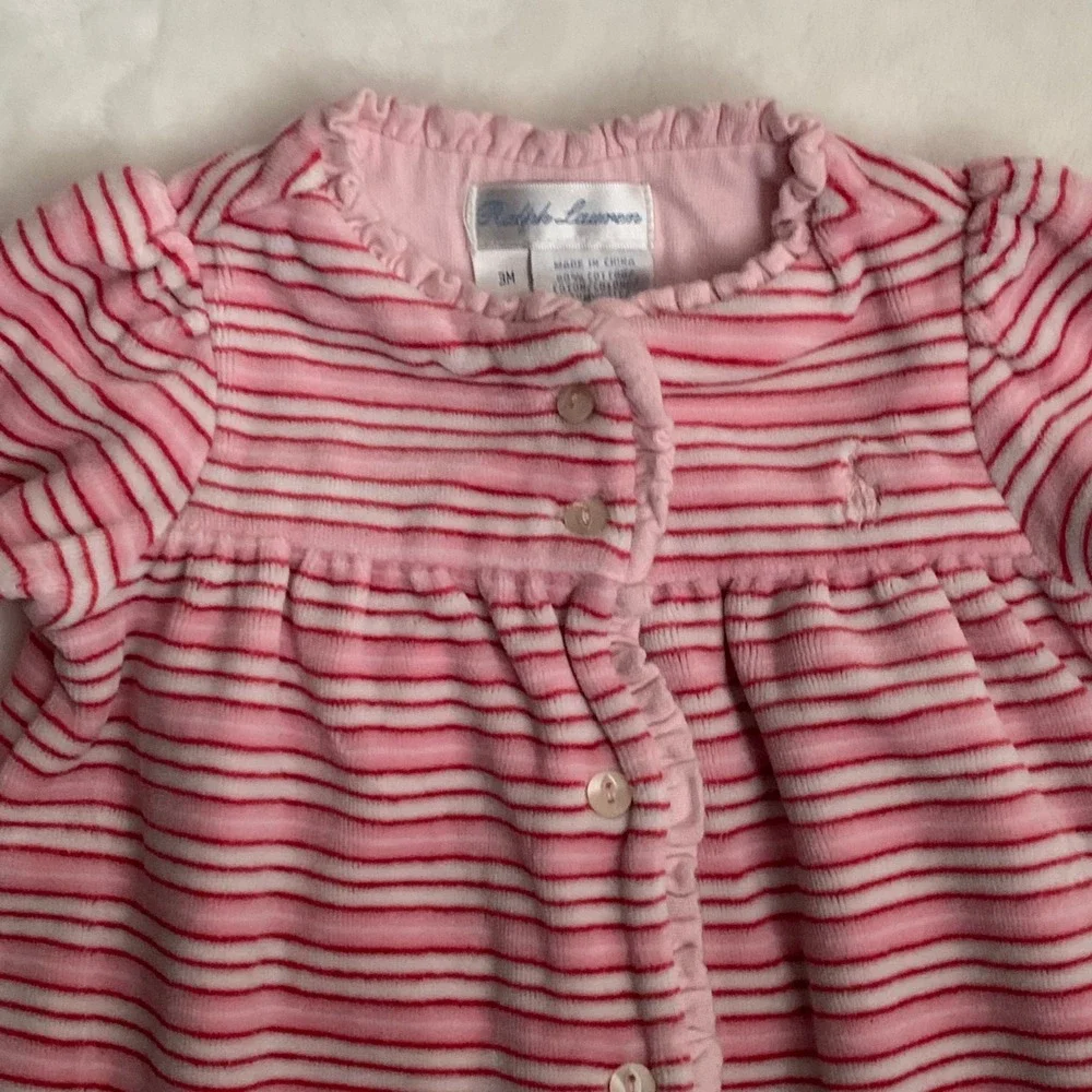 Ralph Lauren Baby Girl Pink Stripe Velour Button Front Dress 3 Months Valentine